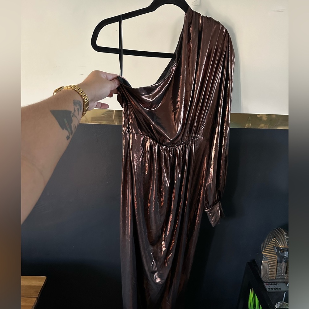 Bronze off the shoulder draped long dress